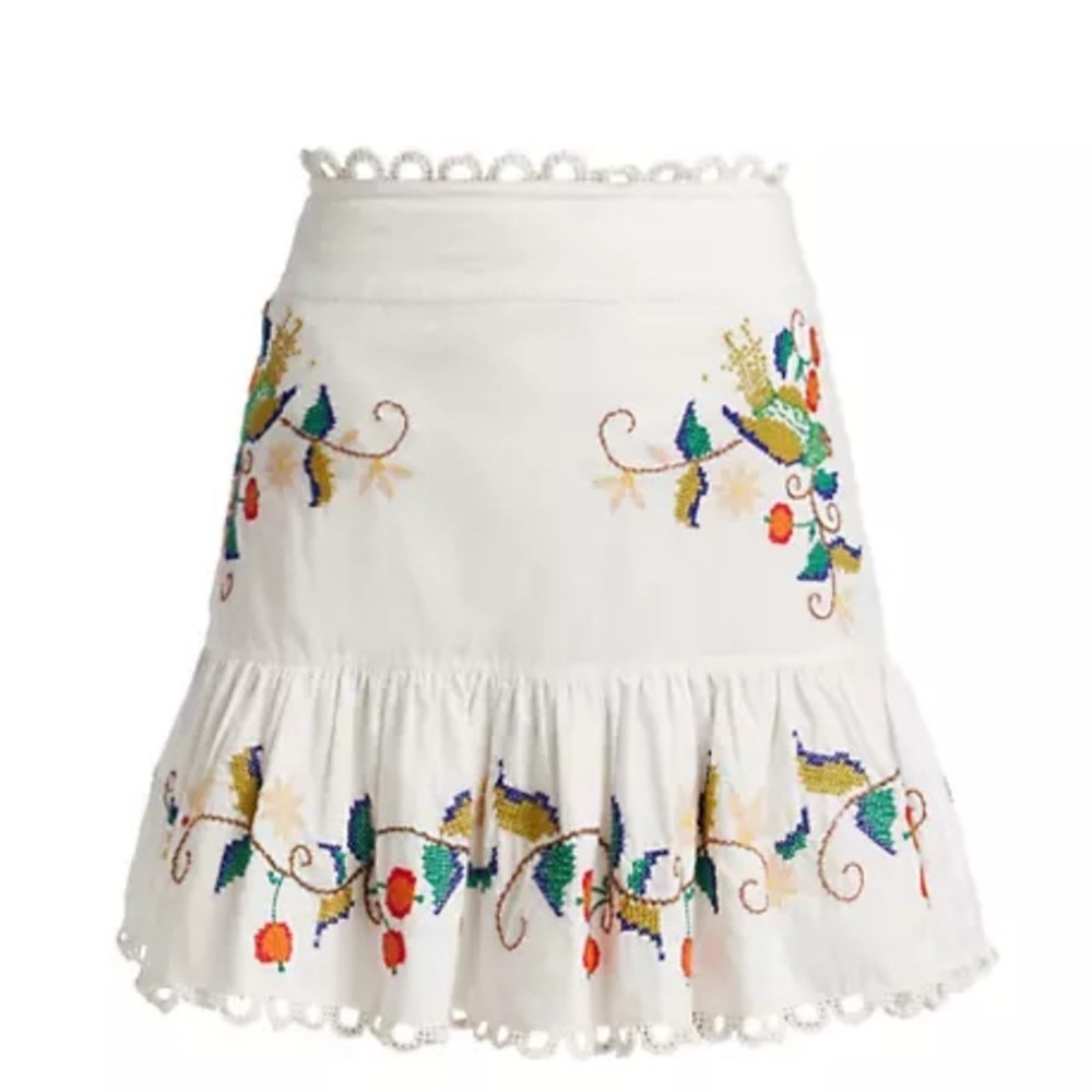 Farm Rio Pitanga Embroidered Ruffle Hem Mini Skirt Off-White NWOT, Sz XL